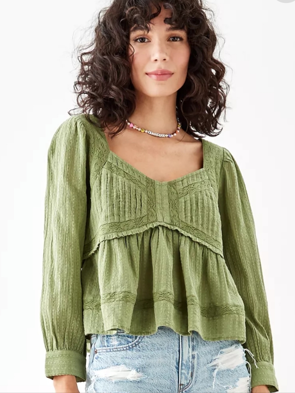 American eagle boho embroidered Long-Sleeve Babydoll Blouse green large